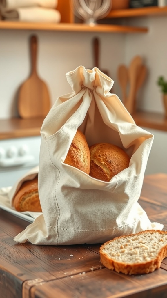 Homemade Bread Bags: A Simple Guide to Making Your Own A homemade bread bag with a loaf of bread on a wooden table in a cozy kitchen.